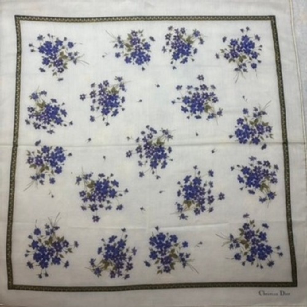 VTG CHRISTIAN DIOR Scarf Handkerchief Floral Bouquet Cotton White Purple 18.5"